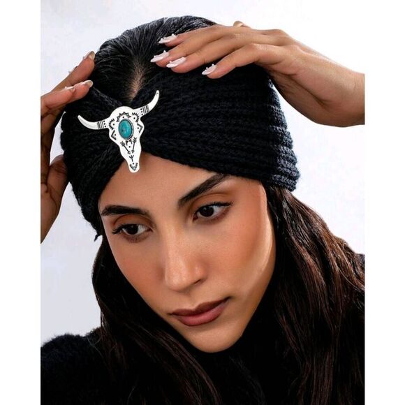 2/$21 Ladies Black Bull Head Knitted Winter Headband - Winter Ear Warmers - Picture 2 of 6